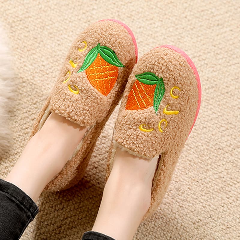 レディーススリッポン 人参刺繍もこもこボア厚底スリッポン