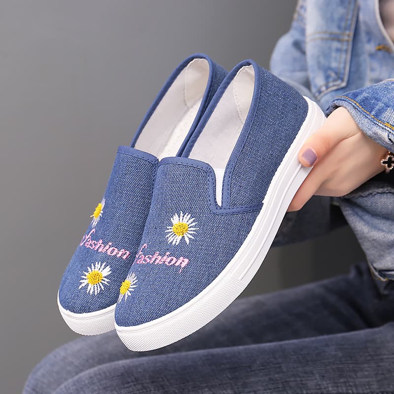レディーススリッポン 花刺繍デニム風厚底スリッポン