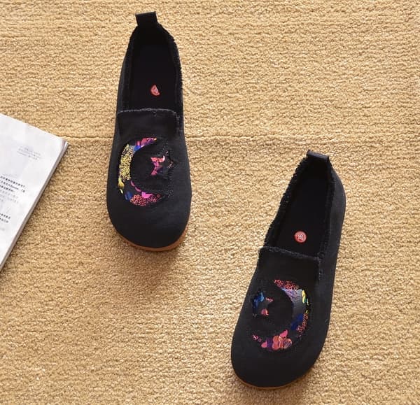 レディーススリッポン 花柄刺繍デニム風切りっぱなし加工レディーススリッポン
