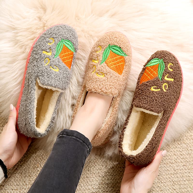 レディーススリッポン 人参刺繍もこもこボア厚底スリッポン