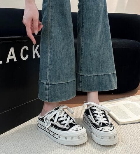 レディーススリッポン 厚底スター柄レディース靴 つっかけ風パンプス