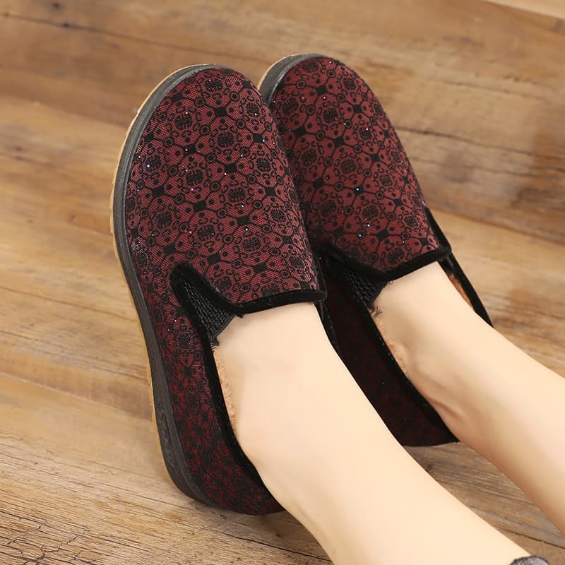 レディーススリッポン 花柄刺繍きらめきレース厚底スリッポン