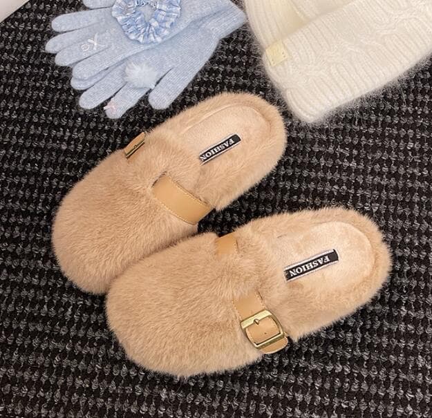 レディーススリッポン ふわふわファー厚底ミュールサンダル