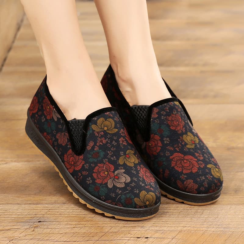レディーススリッポン 花柄刺繍きらめきレース厚底スリッポン