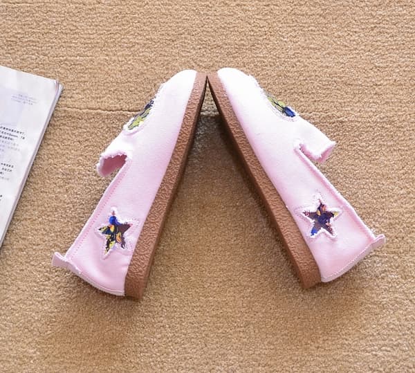 レディーススリッポン スパンコールハート刺繍キャンバス幅広スリッポン