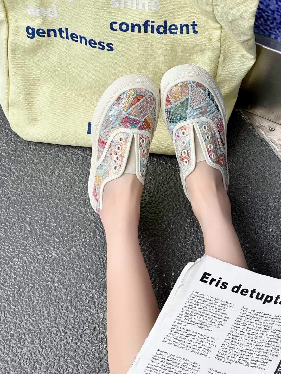 レディーススリッポン レディース刺繍スリッポン厚底キラキラ