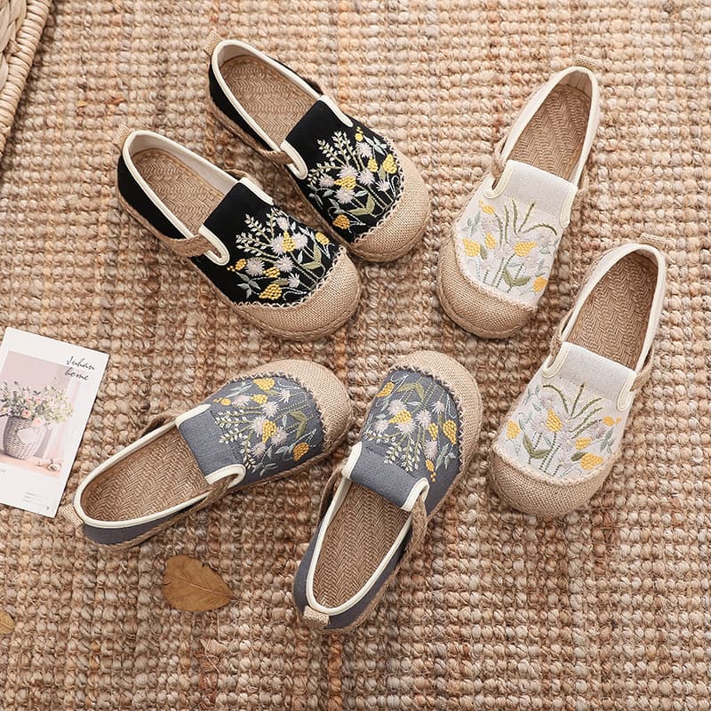 レディーススリッポン 花柄刺繍麻底編み込みぺたんこ靴