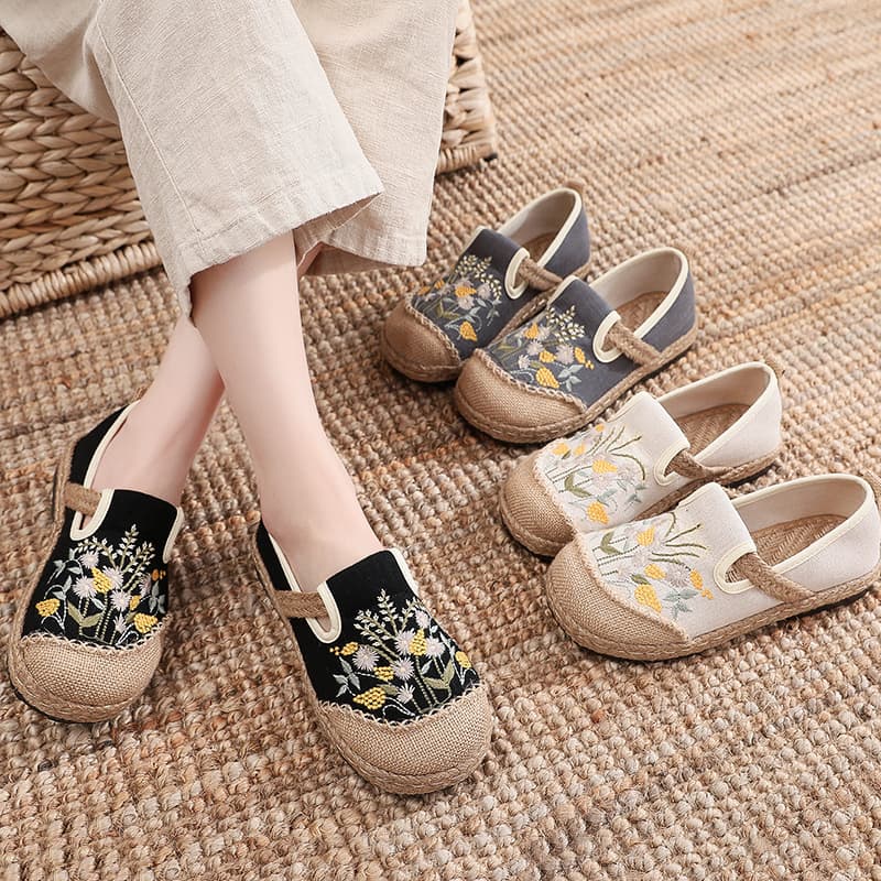 レディーススリッポン 花柄刺繍麻底編み込みぺたんこ靴
